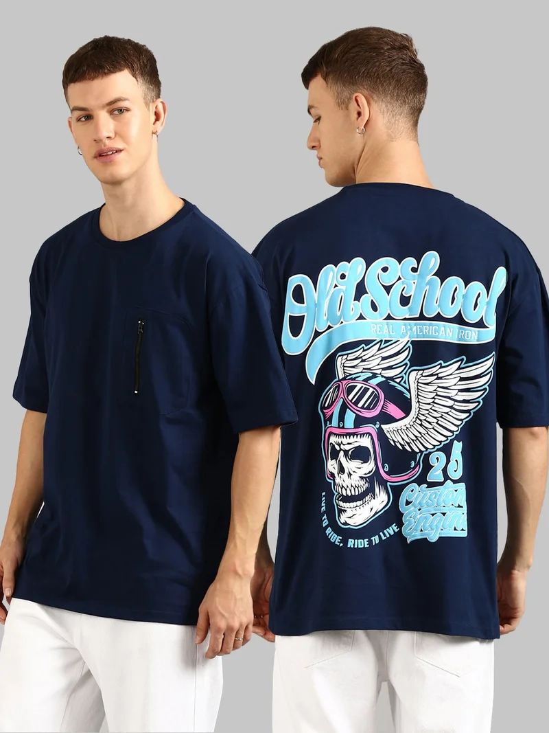 Joven Men Navy Blue Printed and Zipper Pocket Pure Cotton Oversized T-Shirt